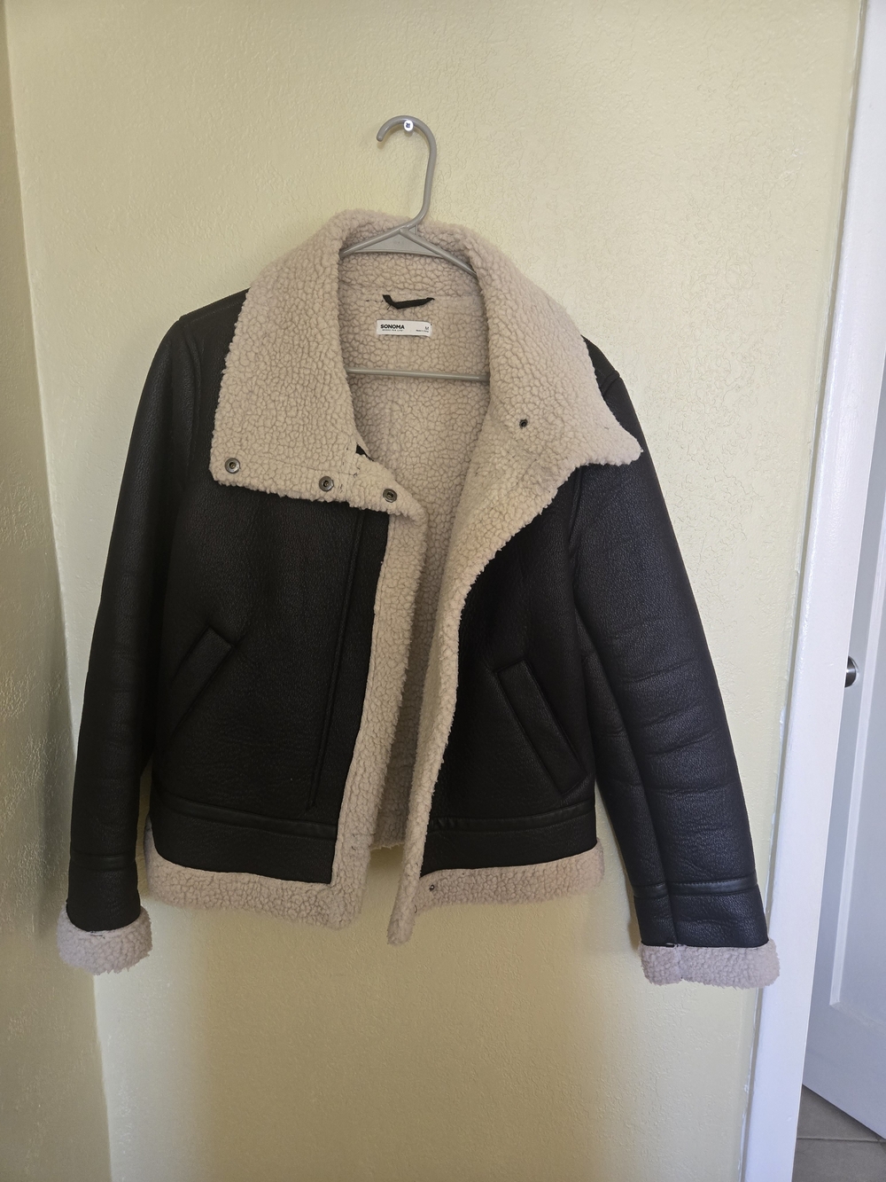 Faux Leather Sherpa Jacket - Dark Brown with Cream Lining